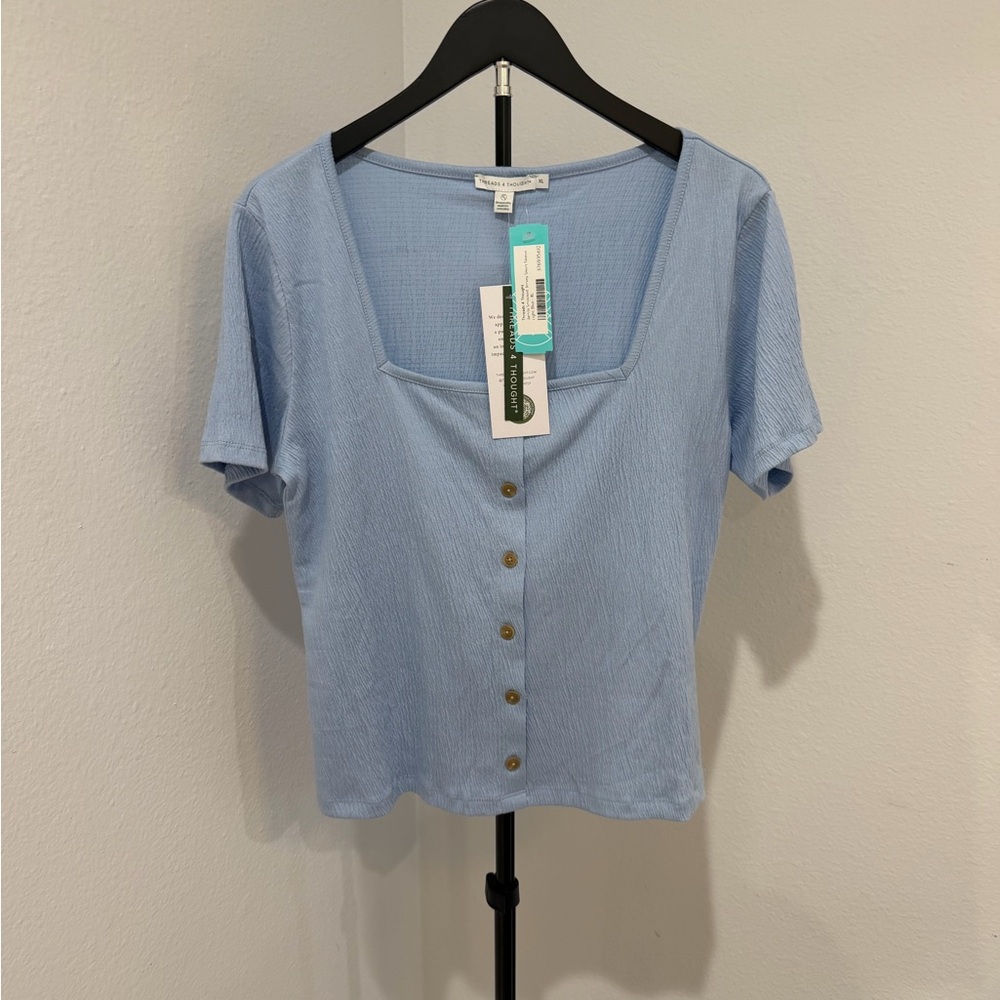 Threads 4 Thought Light Blue Square Neck Button-Front Short Sleeve Top